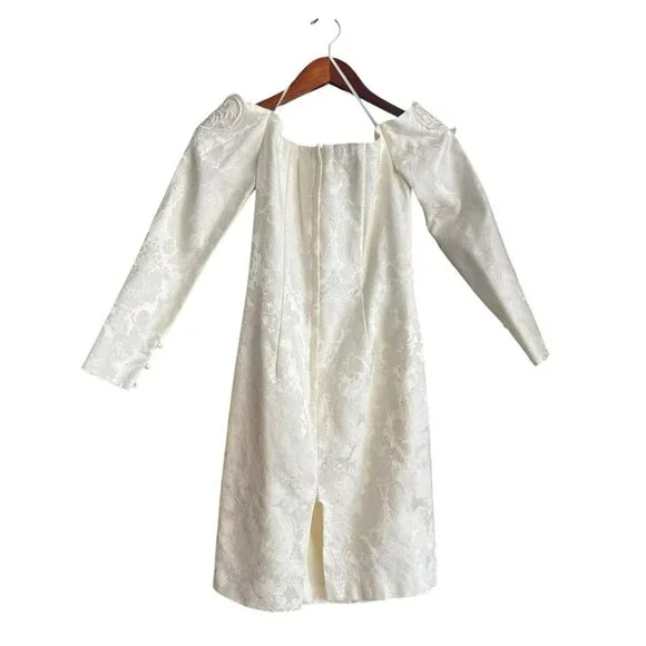 Vintage Jessica McClintock Ivory Lace Dress 6 Off-Shoulder Beaded Bridal Mini - Picture 8 of 12